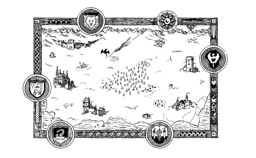Ilustración de mapa para la novela <em>Dioses y&nbsp;reinos</em>